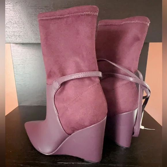GUESS Burgundy Purple Mixed Media Buckled Strap Acora Point Toe Wedge dress Boot - Picture 7 of 13
